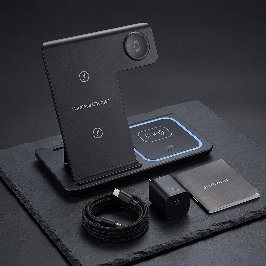 The Wireless 3-in-1 Dock stood up on a dark slate surface with the braided USB-C cable, 18W power adapter and user manual laid out beside it.