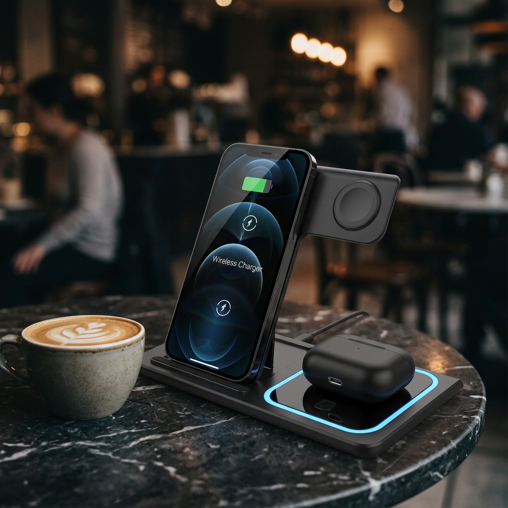 Wireless 3-in-1 Dock on a café table charging a phone, watch and earbuds beside a coffee cup and notebook.