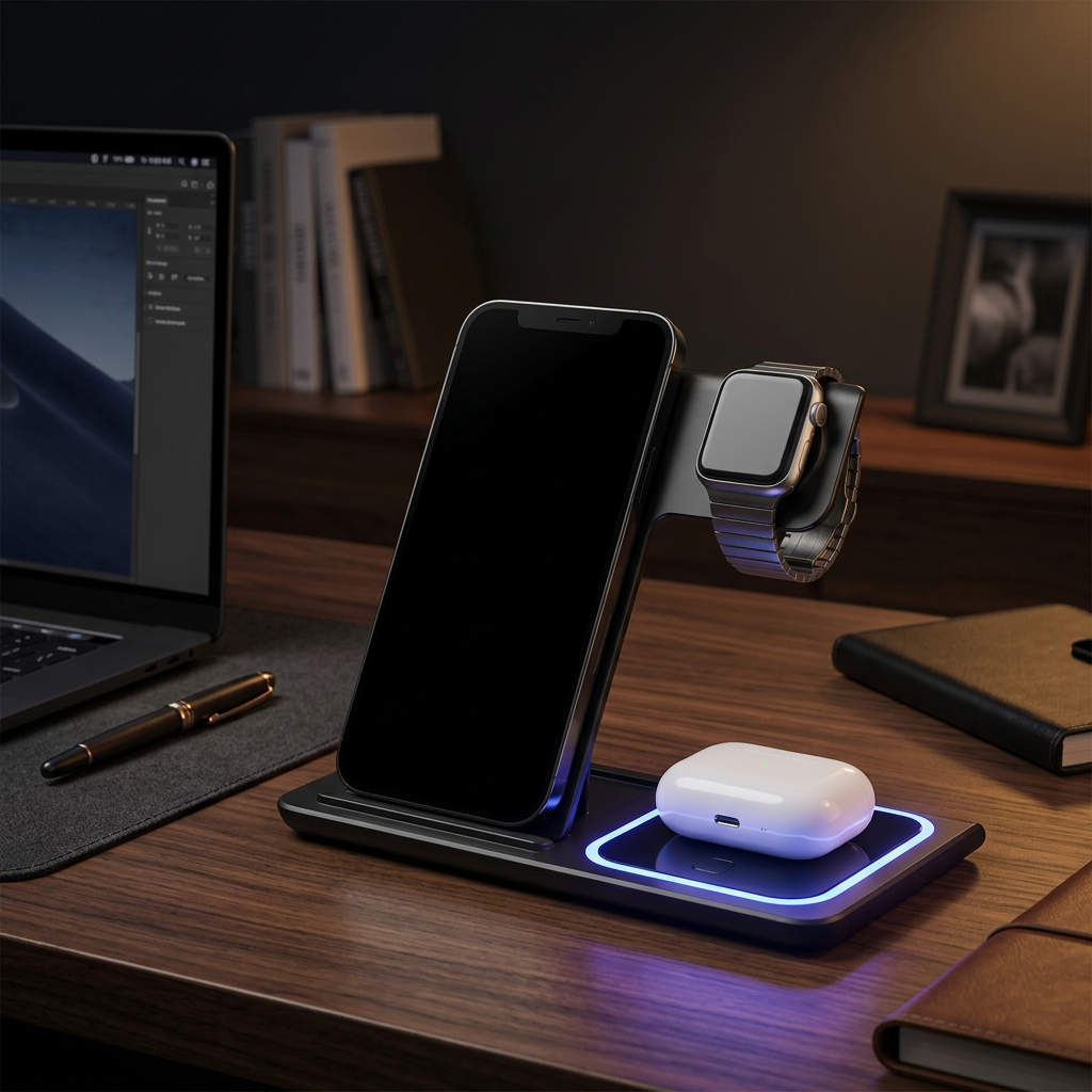 Wireless 3-in-1 Dock on a bright desk next to a laptop, charging a phone, watch and earbuds.
