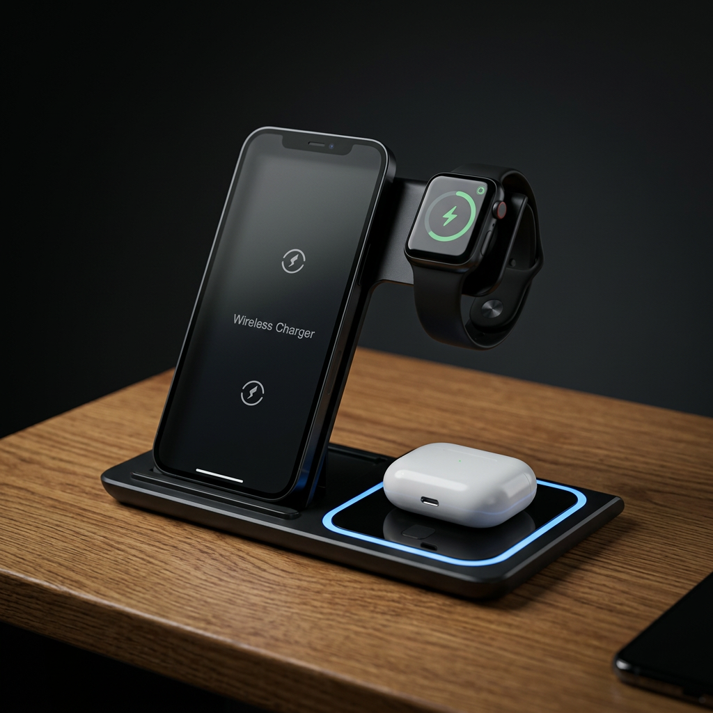 Wireless 3-in-1 Dock charging a smartphone, smartwatch and wireless earbuds, with a soft blue light along the base.