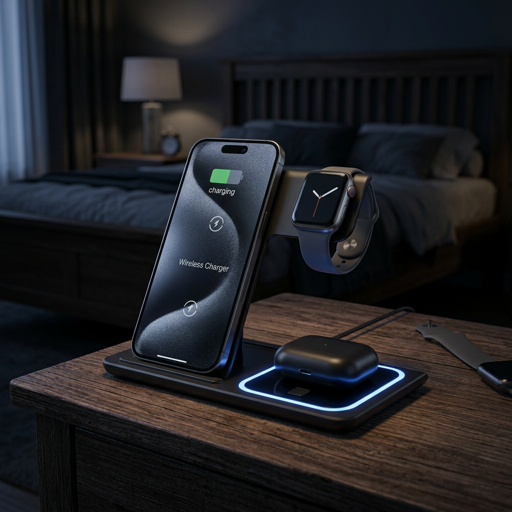 Close view of the Wireless 3-in-1 Dock at night with its ambient blue light on, charging a phone, watch and earbuds on a nightstand.