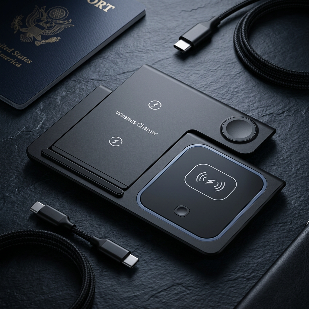 Hands placing the folded Wireless 3-in-1 Dock into a small travel pouch next to a passport.
